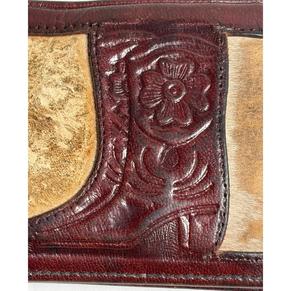 Vtg Mexican Tooled Leather Bifold Wallet‎ Cowboy Boot Hair-On Cowhide DAMAGED
